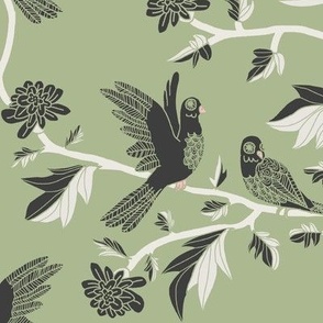 Block Print Doves and Flowering Vines in Black and White on Sage Green