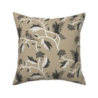 Block Print Doves and Flowering Vines in Black and White on Light Brown