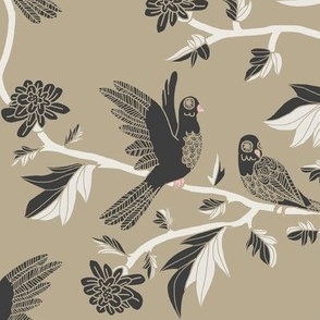 Block Print Doves and Flowering Vines in Black and White on Light Brown