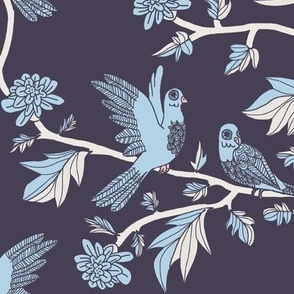 Block Print Doves and Flowering Vines in Light Blue on Dark Blue