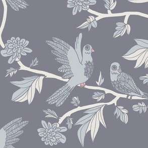 Block Print Doves and Flowering Vines in Blue Grays