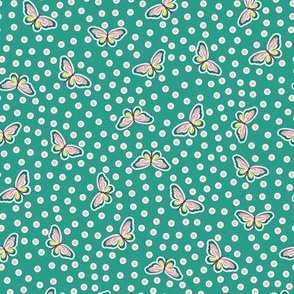 Cheerful scene of butterflies on teal background with pink polka dots - mid size.