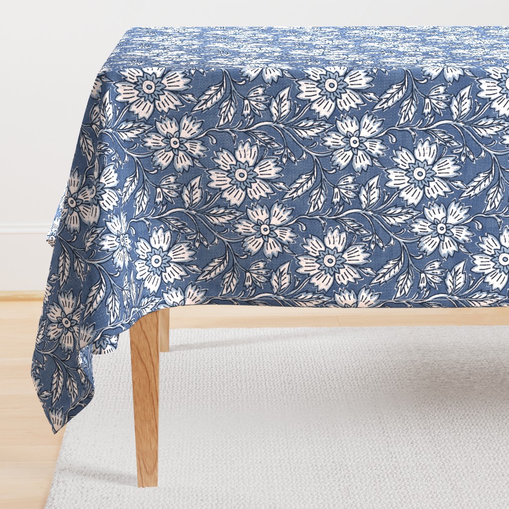 Boho Indian floral block print in denim blue and white with linen texture- medium