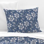 Boho Indian floral block print in denim blue and white with linen texture- medium