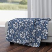 Boho Indian floral block print in denim blue and white with linen texture- medium