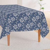 Boho Indian floral block print in denim blue and white with linen texture- medium