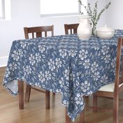 Boho Indian floral block print in denim blue and white with linen texture- medium