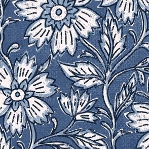 Boho Indian floral block print in denim blue and white with linen texture- medium