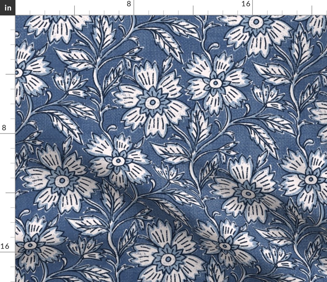 Boho Indian floral block print in denim blue and white with linen texture- medium