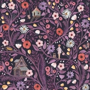 Fantasy garden scene of cutesy purple floral vines in maximalist allover print on dark background - small scale