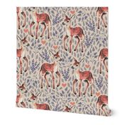 Large - Dear Deer - Fawns on Tan Linen with Hearts and Blue Leaves - Forest Pals Collection