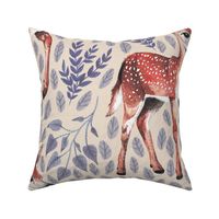 Large - Dear Deer - Fawns on Tan Linen with Hearts and Blue Leaves - Forest Pals Collection