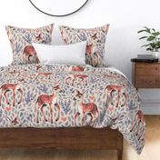 Large - Dear Deer - Fawns on Tan Linen with Hearts and Blue Leaves - Forest Pals Collection