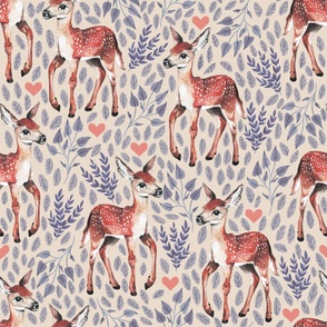 Large - Dear Deer - Fawns on Tan Linen with Hearts and Blue Leaves - Forest Pals Collection