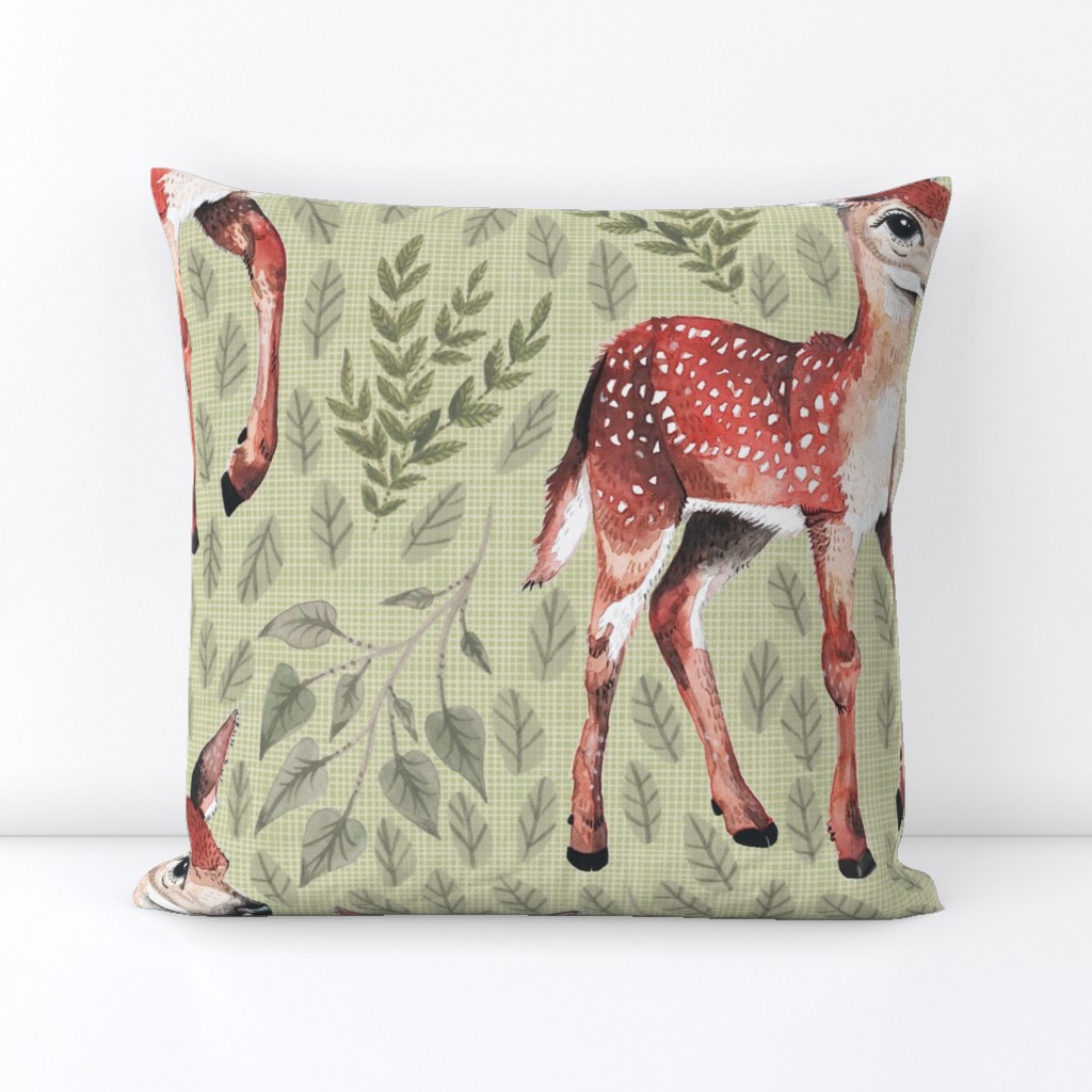 Large - Dear Deer - Fawns on Green Linen with Hearts and Leaves - Forest Pals