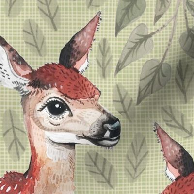 Large - Dear Deer - Fawns on Green Linen with Hearts and Leaves - Forest Pals