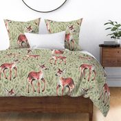 Large - Dear Deer - Fawns on Green Linen with Hearts and Leaves - Forest Pals