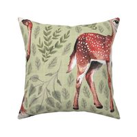 Large - Dear Deer - Fawns on Green Linen with Hearts and Leaves - Forest Pals