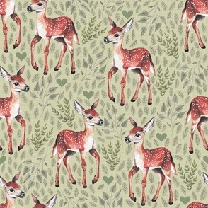 Large - Dear Deer - Fawns on Green Linen with Hearts and Leaves - Forest Pals