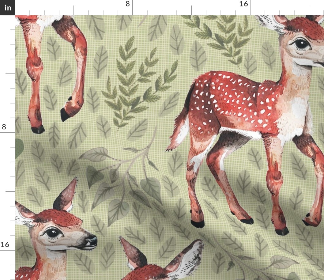 Large - Dear Deer - Fawns on Green Linen with Hearts and Leaves - Forest Pals