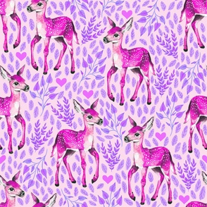 Large - Dear Deer - Magenta Fawns on Pink Linen Hearts and Purple Leaves - Forest Pals