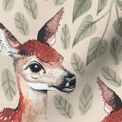 Large - Dear Deer - Fawns on Tan Linen Hearts and Green Leaves - Forest Pals