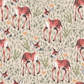 Large - Dear Deer - Fawns on Tan Linen Hearts and Green Leaves - Forest Pals