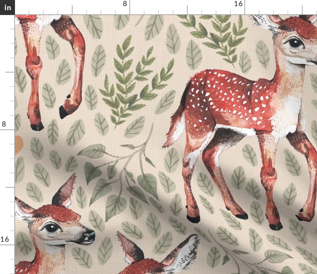 Large - Dear Deer - Fawns on Tan Linen Hearts and Green Leaves - Forest Pals