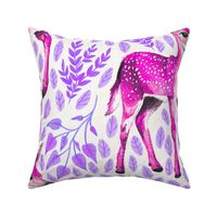 Large - Dear Deer - Magenta Fawns on White Linen with Hearts and Purple Leaves - Forest Pals