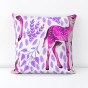 Large - Dear Deer - Magenta Fawns on White Linen with Hearts and Purple Leaves - Forest Pals