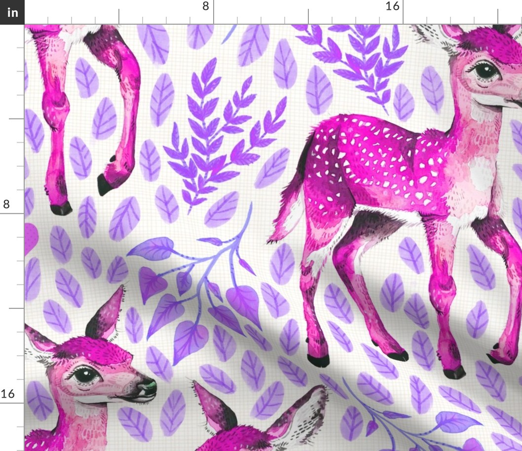 Large - Dear Deer - Magenta Fawns on White Linen with Hearts and Purple Leaves - Forest Pals