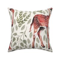 Large - Dear Deer - Fawns on White Linen with Hearts and Green Leaves - Forest Pals