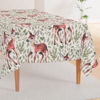 Large - Dear Deer - Fawns on White Linen with Hearts and Green Leaves - Forest Pals