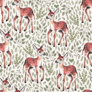 Large - Dear Deer - Fawns on White Linen with Hearts and Green Leaves - Forest Pals