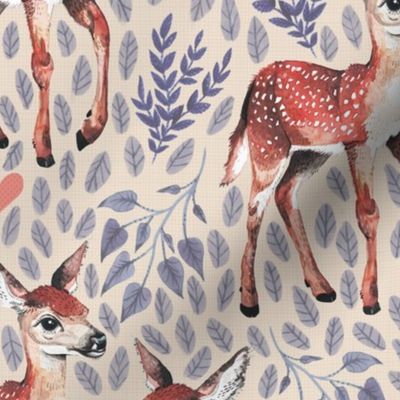Medium - Dear Deer - Fawns on Tan Linen Hearts and Blue Leaves - Forest Pals