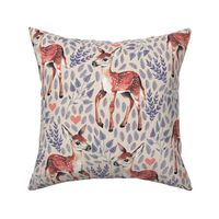 Medium - Dear Deer - Fawns on Tan Linen Hearts and Blue Leaves - Forest Pals