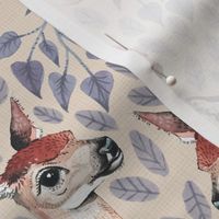 Medium - Dear Deer - Fawns on Tan Linen Hearts and Blue Leaves - Forest Pals