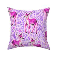 Magenta - Dear Deer - Magenta Fawns on Pink Linen Hearts and Purple Leaves - Forest Pals