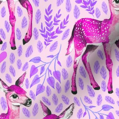 Magenta - Dear Deer - Magenta Fawns on Pink Linen Hearts and Purple Leaves - Forest Pals