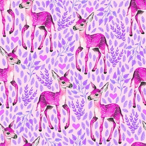 Magenta - Dear Deer - Magenta Fawns on Pink Linen Hearts and Purple Leaves - Forest Pals