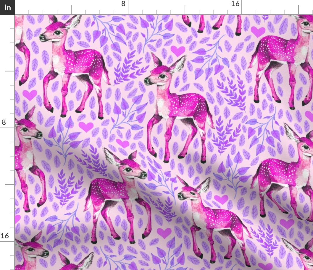 Magenta - Dear Deer - Magenta Fawns on Pink Linen Hearts and Purple Leaves - Forest Pals