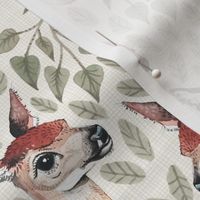 Medium - Dear Deer - Fawns on White Linen with Hearts and Green Leaves - Forest Pals