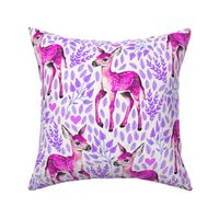 Medium - Dear Deer - Magenta Fawns on White Linen with Hearts and Purple Leaves - Forest Pals