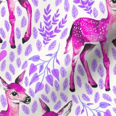 Medium - Dear Deer - Magenta Fawns on White Linen with Hearts and Purple Leaves - Forest Pals