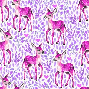 Medium - Dear Deer - Magenta Fawns on White Linen with Hearts and Purple Leaves - Forest Pals