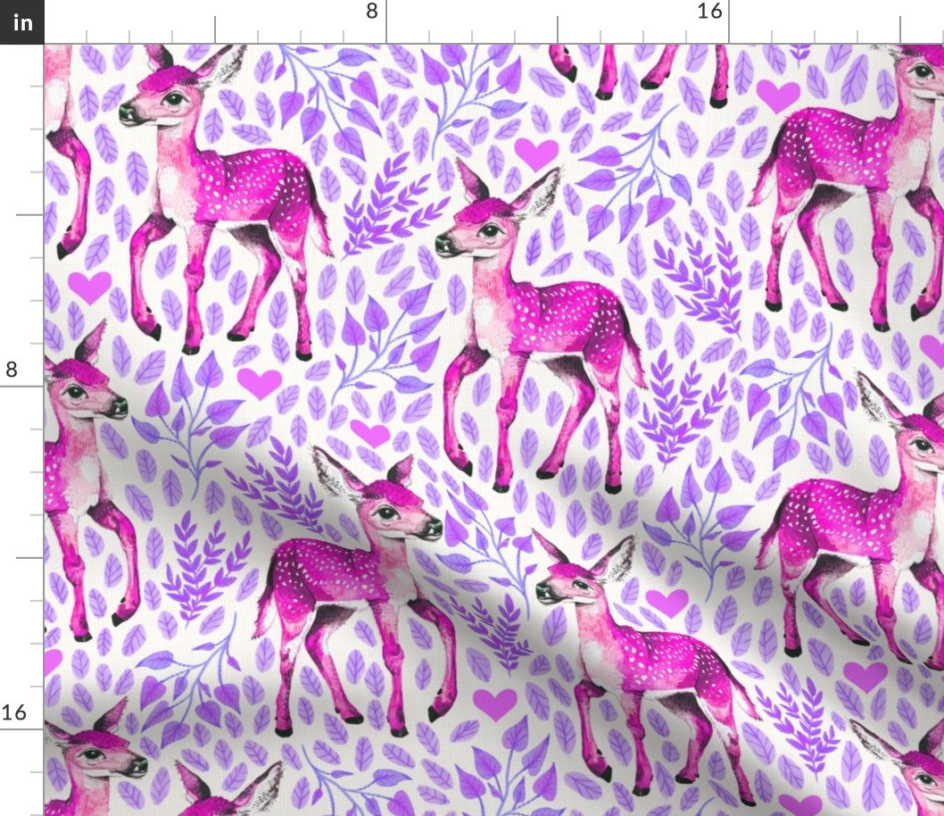 Medium - Dear Deer - Magenta Fawns on White Linen with Hearts and Purple Leaves - Forest Pals