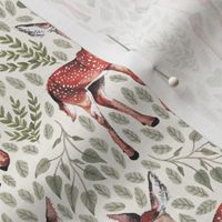 Small - Dear Deer - Fawns on White Linen with Hearts and Green Leaves - Forest Pals