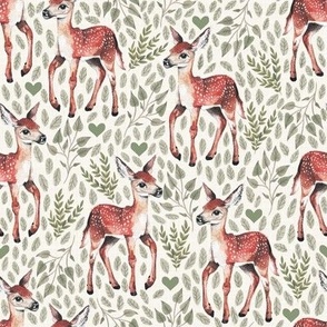 Small - Dear Deer - Fawns on White Linen with Hearts and Green Leaves - Forest Pals