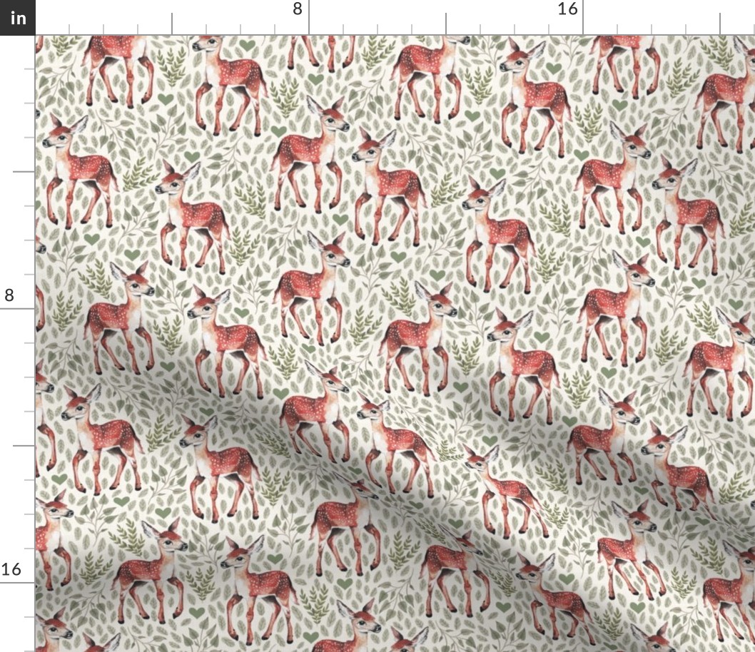 Small - Dear Deer - Fawns on White Linen with Hearts and Green Leaves - Forest Pals