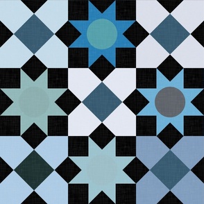 Islamic Geometry - Tiles in Blue, Aqua, Lilac, and Dark Shades / Large